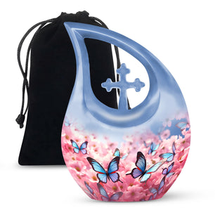 Blue Butterfly Meadow- Butterfly Urn Teardrop Shape Urn For Ashes