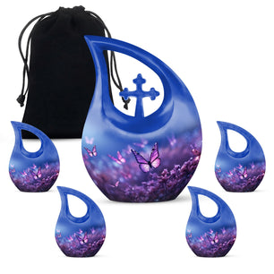 Purple Butterfly On Purple Meadow Teardrop Shaped Urns For Ashes
