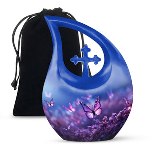Purple Butterfly On Purple Meadow Teardrop Shaped Urns For Ashes