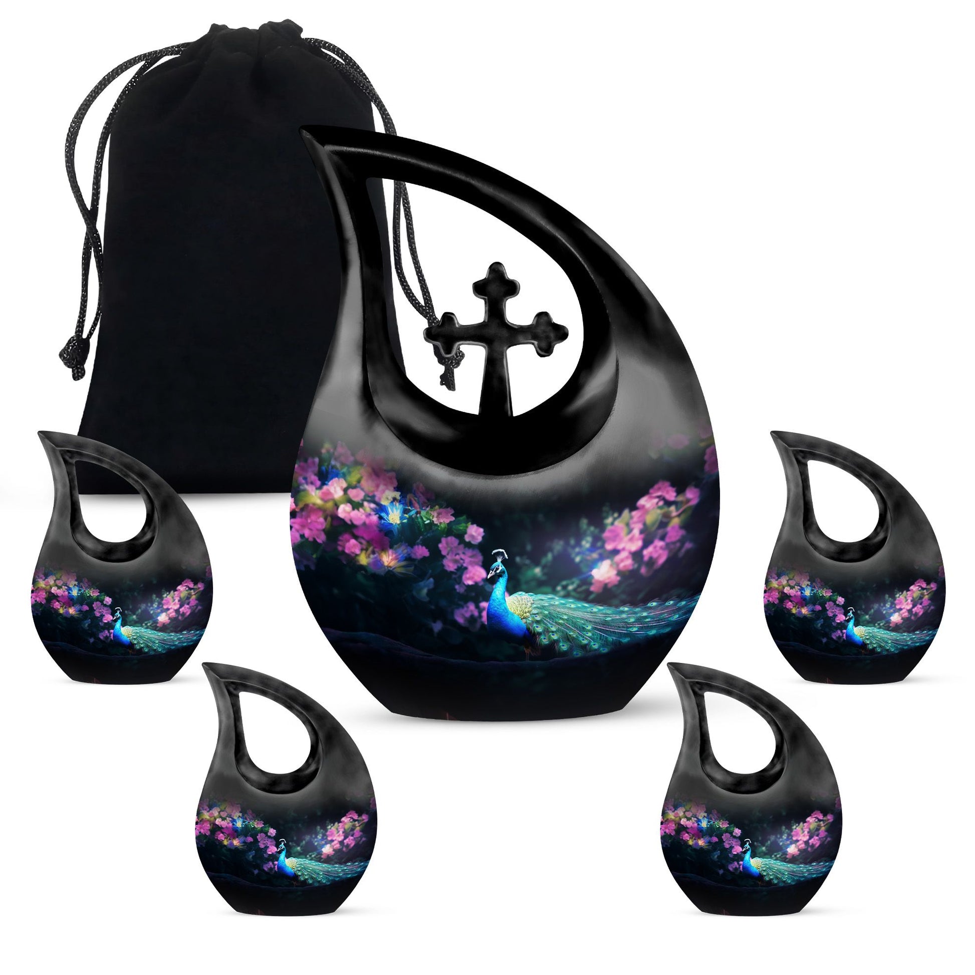 Teardrop Shape Peacock Urn Large Urn With 4 Keepsake Urn