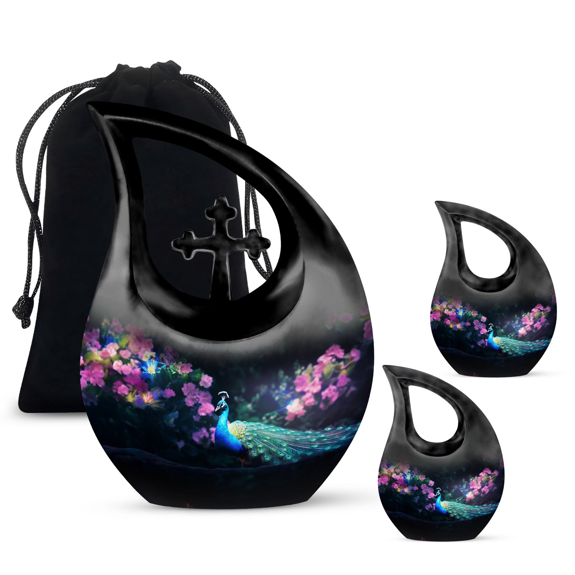 Teardrop Shape Peacock Urn Large Urn With 2 Keepsake Urn