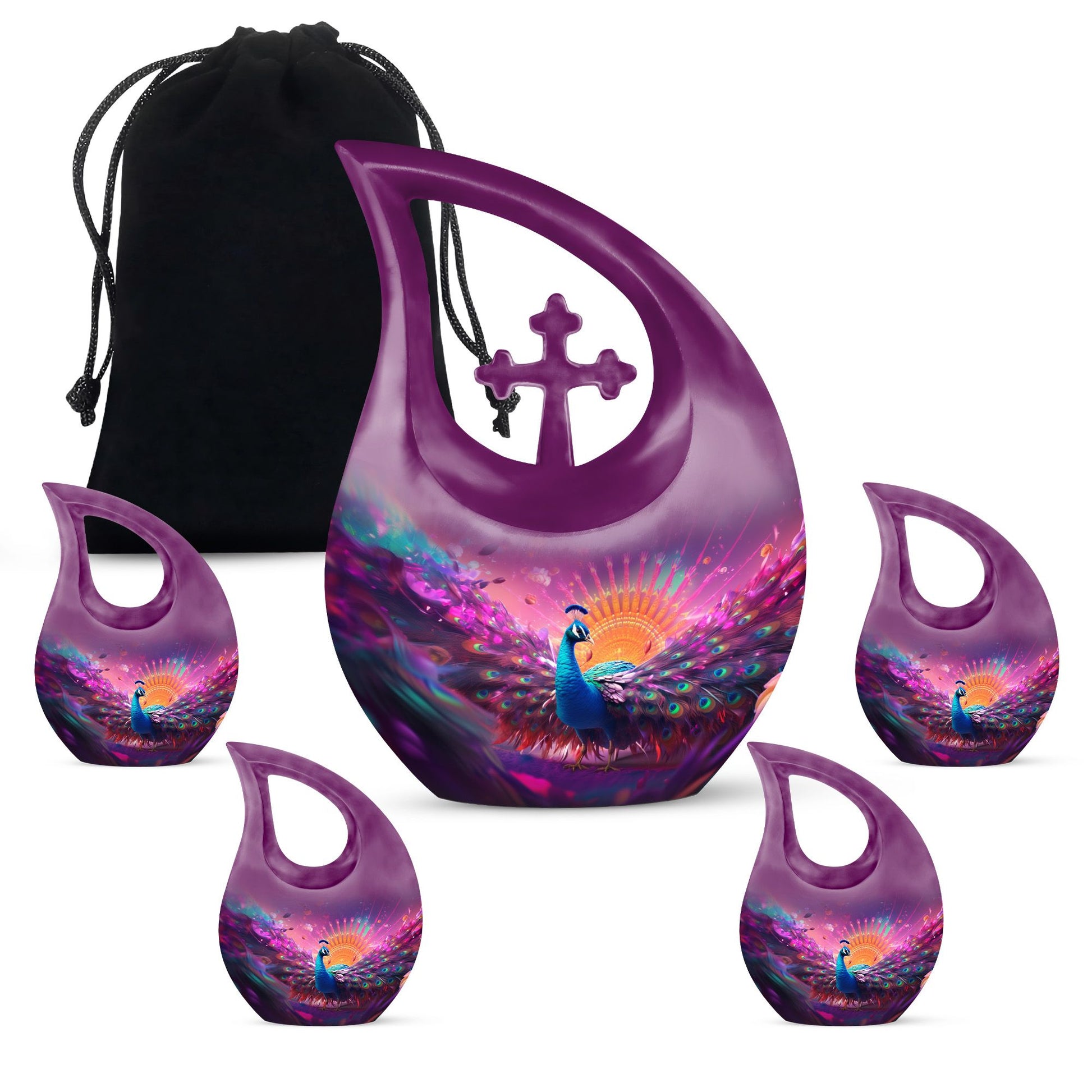 Teardrop Shape Peacock Urn Large Urn With 4 Keepsake Urn