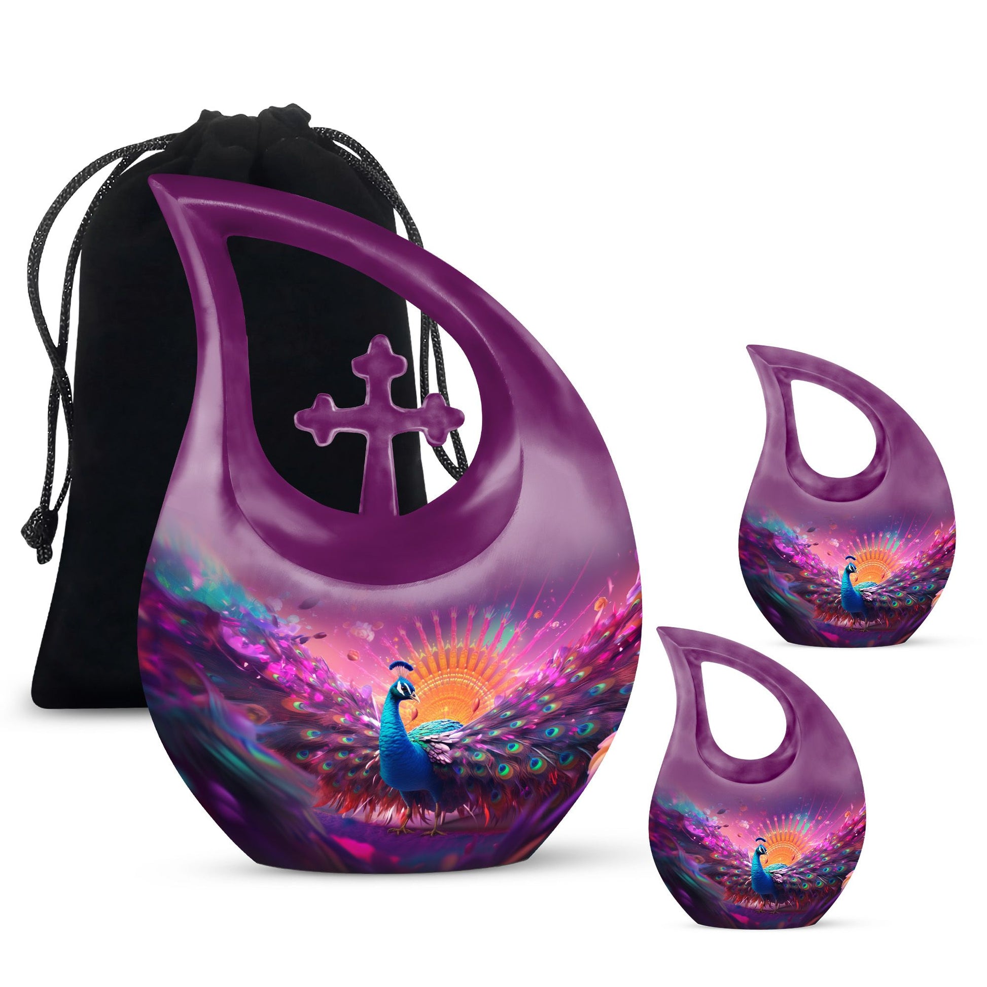 Teardrop Shape Peacock Urn Large Urn With 2 Keepsake Urn