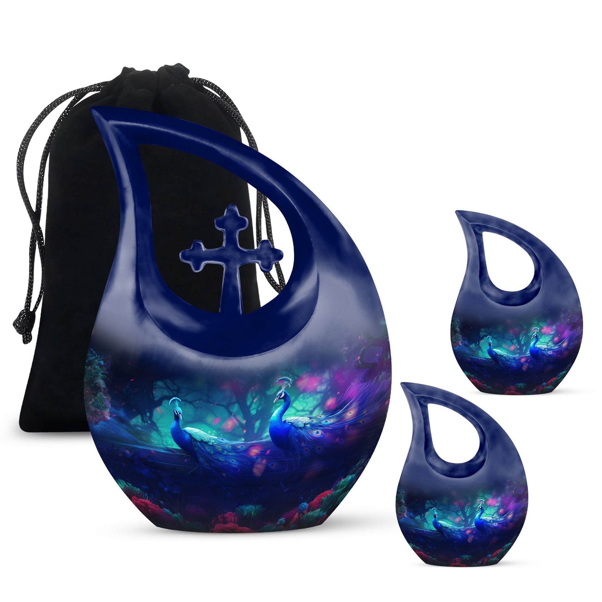 Teardrop Shape Peacock Urn Large Urn With 2 Keepsake Urn