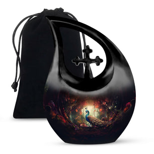 Peacock In A Red Forest - Peacock Urn Teardrop Cremation Urn