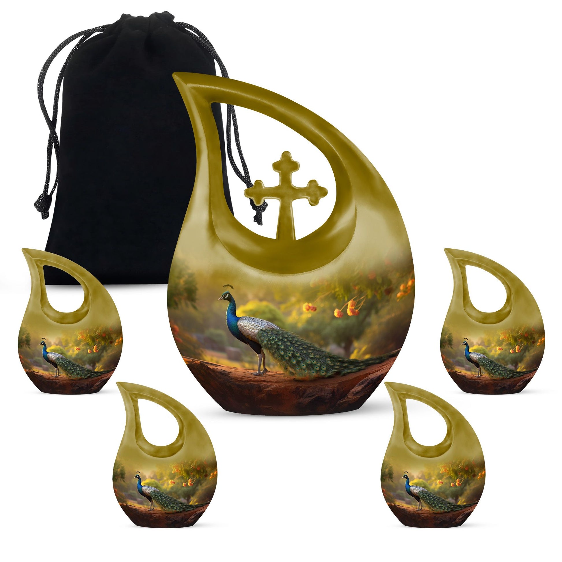 Teardrop Shape Peacock Urn Large Urn With 4 Keepsake Urn