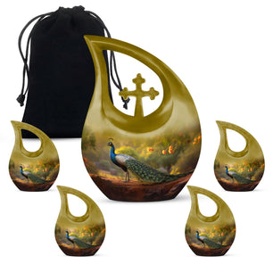Teardrop Shape Peacock Urn Large Urn With 4 Keepsake Urn