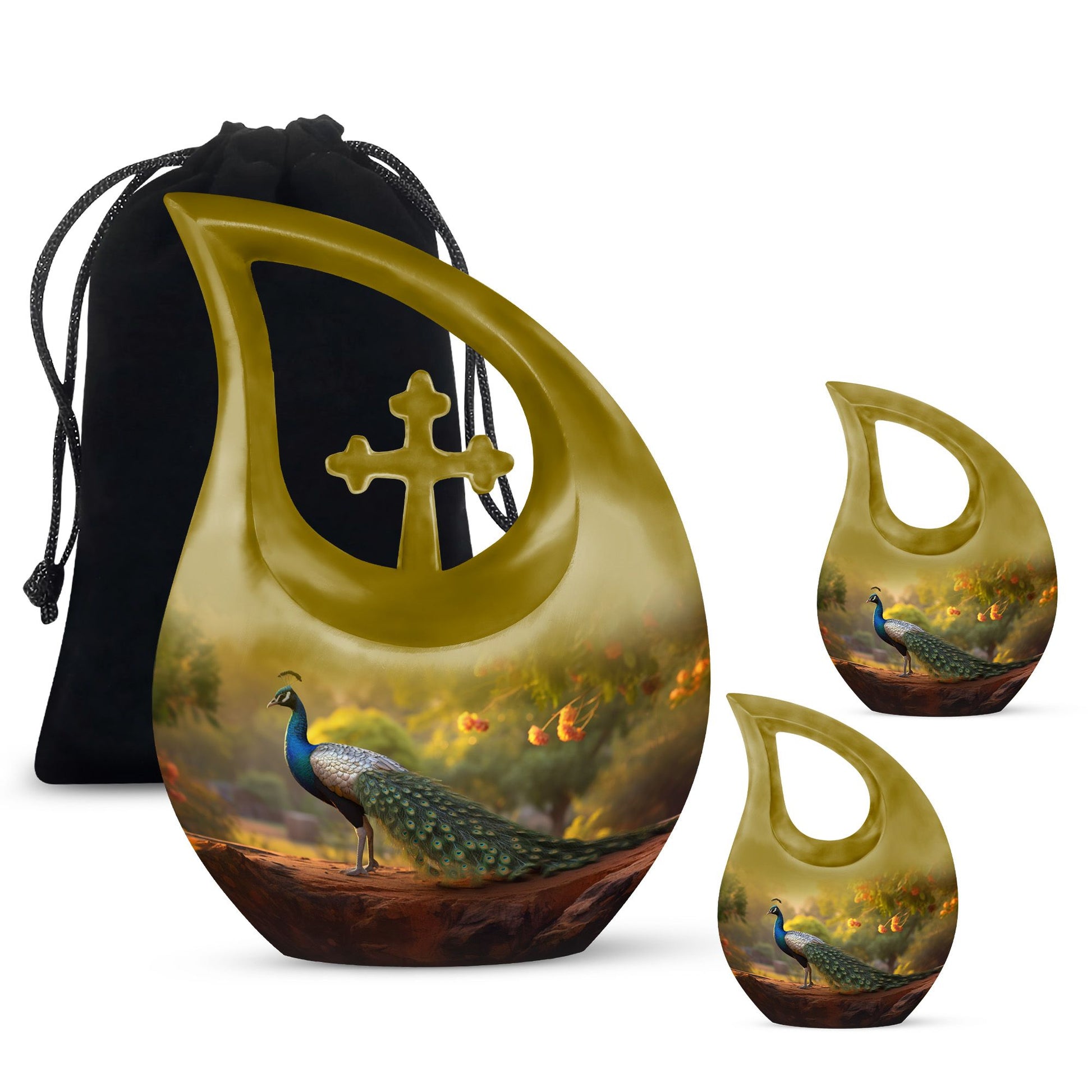 Teardrop Shape Peacock Urn Large Urn With 2 Keepsake Urn