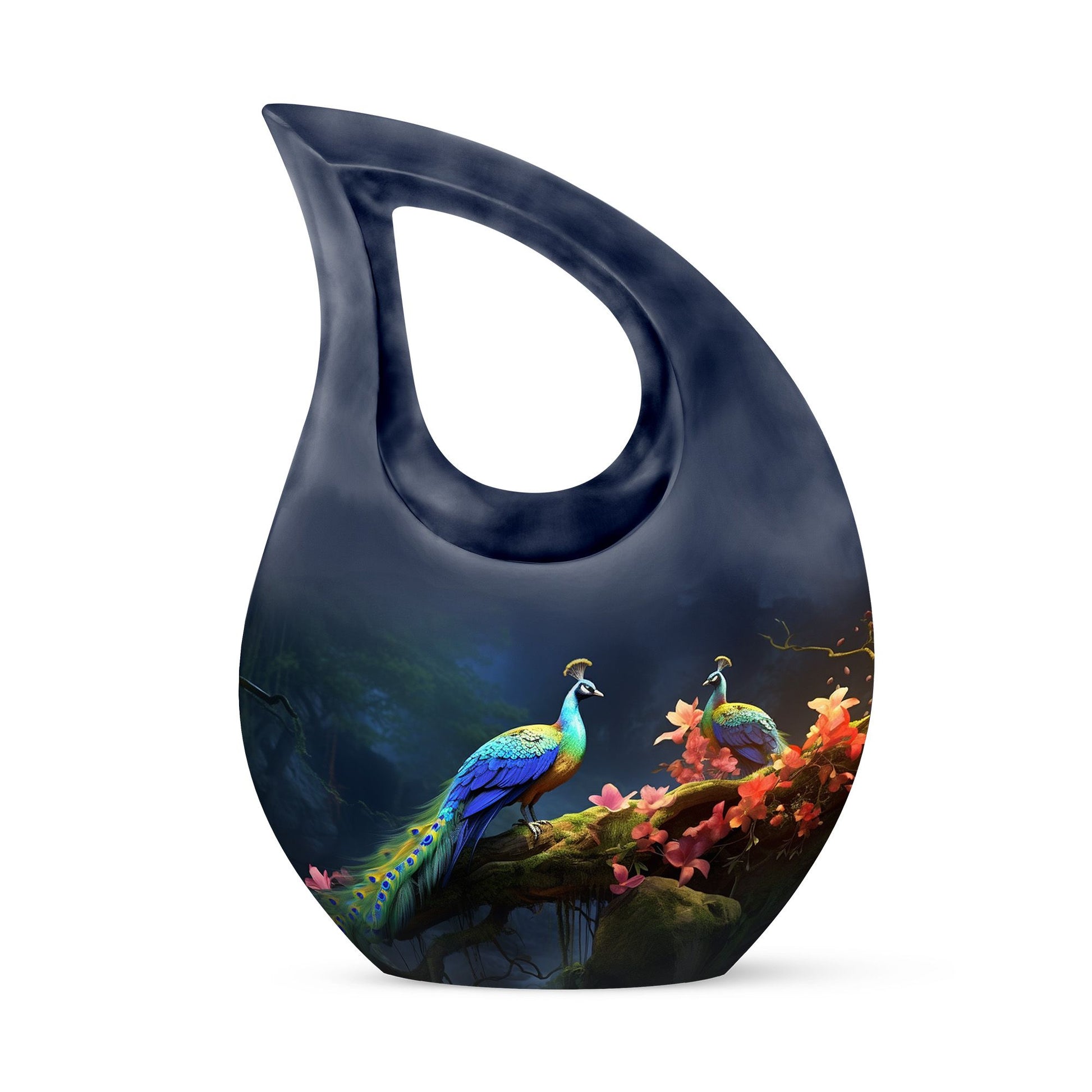 Peacock Due Face Off In Forest - Peacock Urn Teardrop Cremation Urn