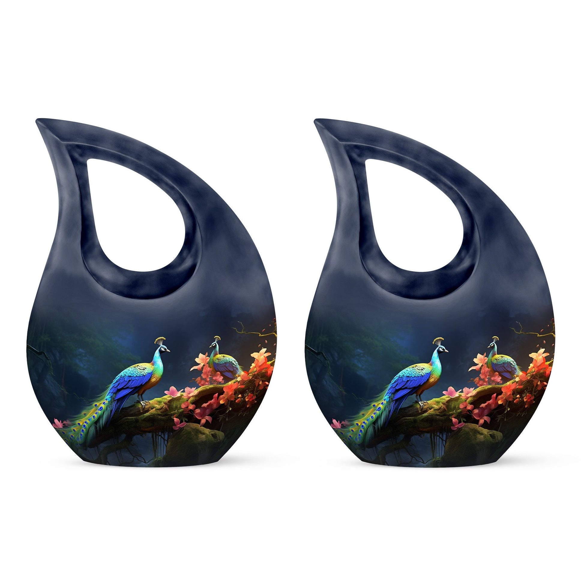 Peacock Due Face Off In Forest - Peacock Urn Teardrop Cremation Urn