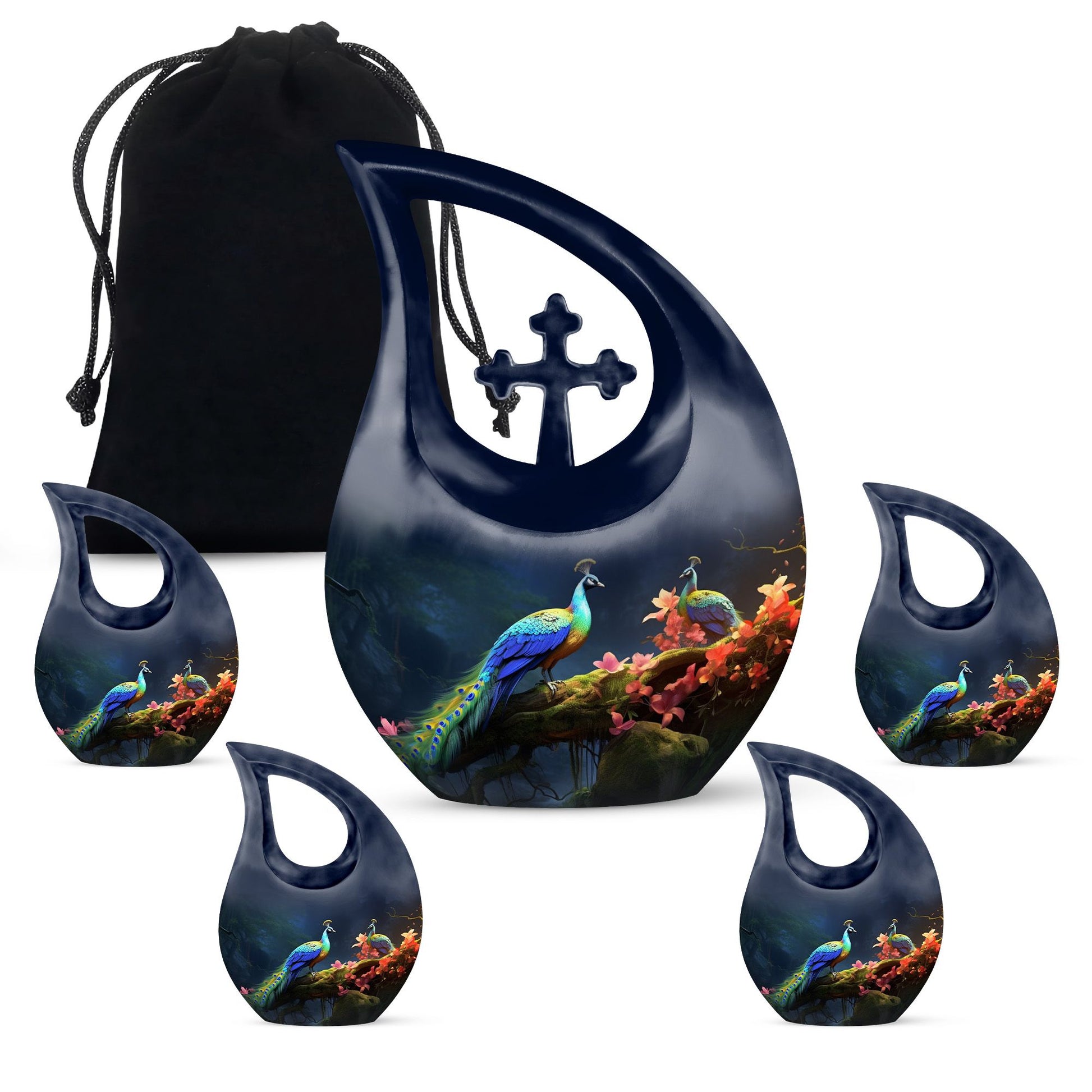 Teardrop Shape Peacock Urn Large Urn With 4 Keepsake Urn