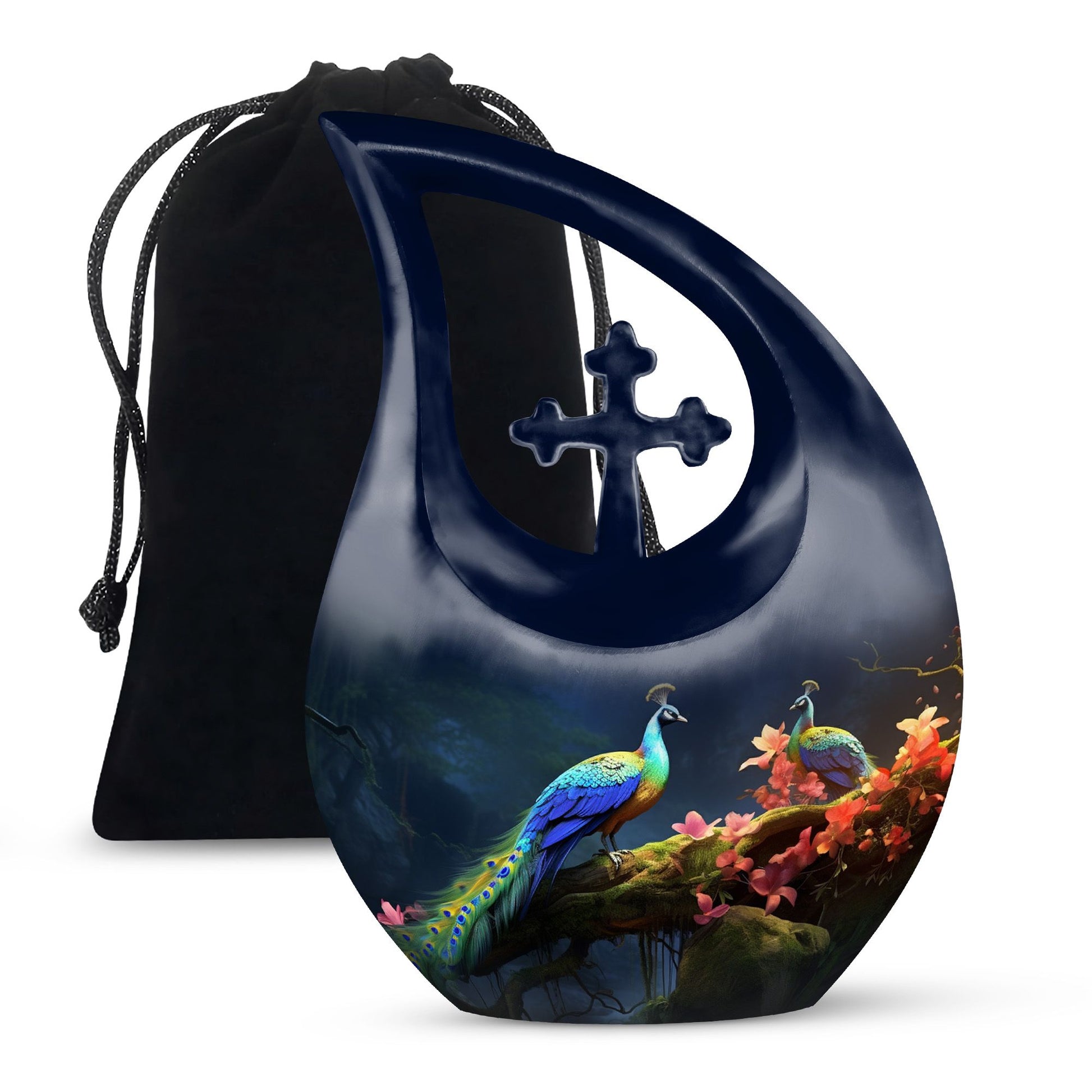 Peacock Due Face Off In Forest - Peacock Urn Teardrop Cremation Urn