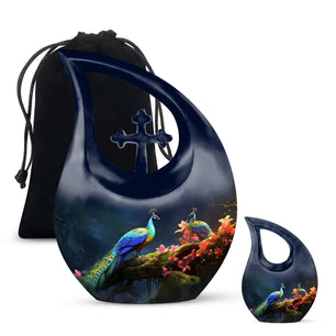 Peacock Due Face Off In Forest - Peacock Urn Teardrop Cremation Urn