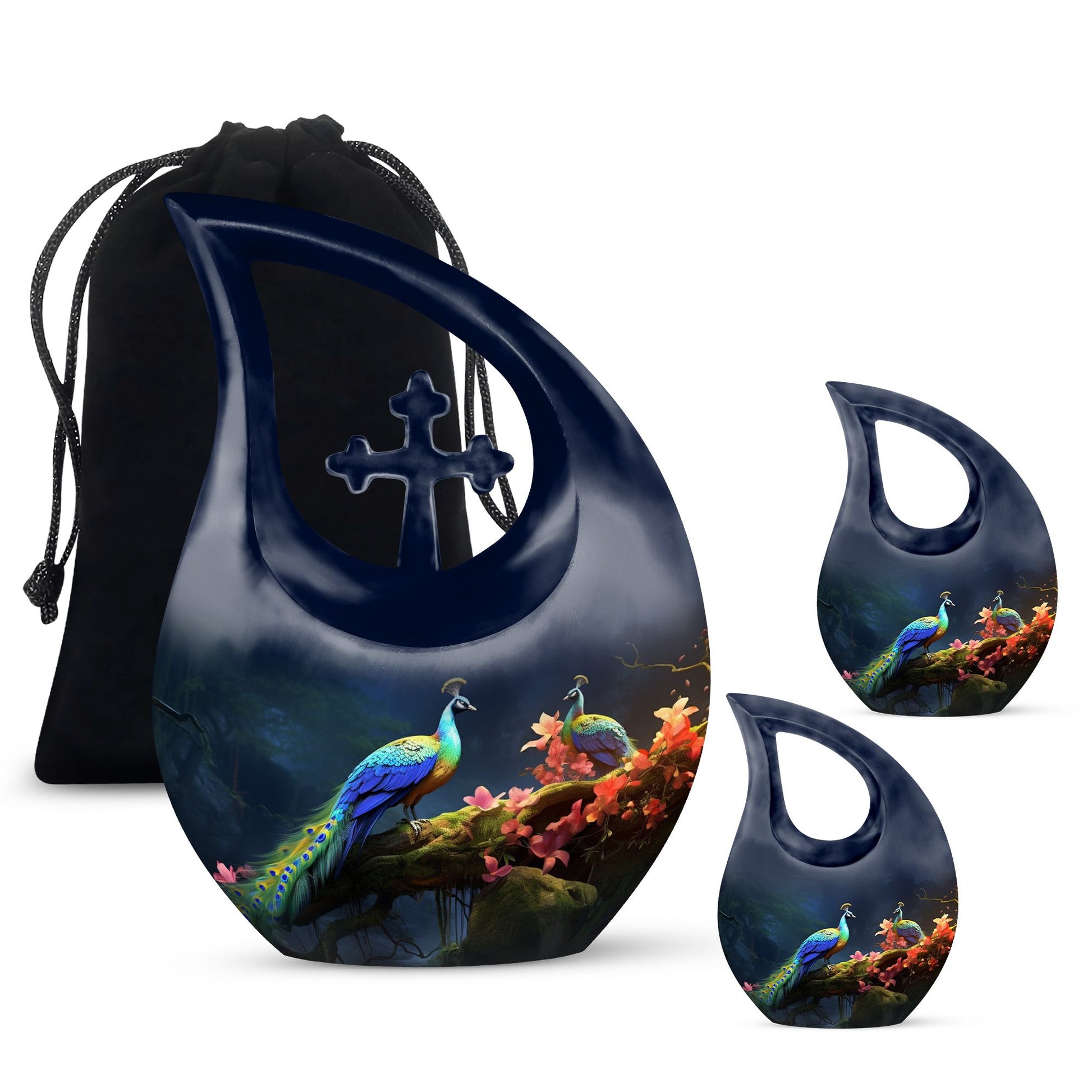 Peacock Due Face Off In Forest - Peacock Urn Teardrop Cremation Urn