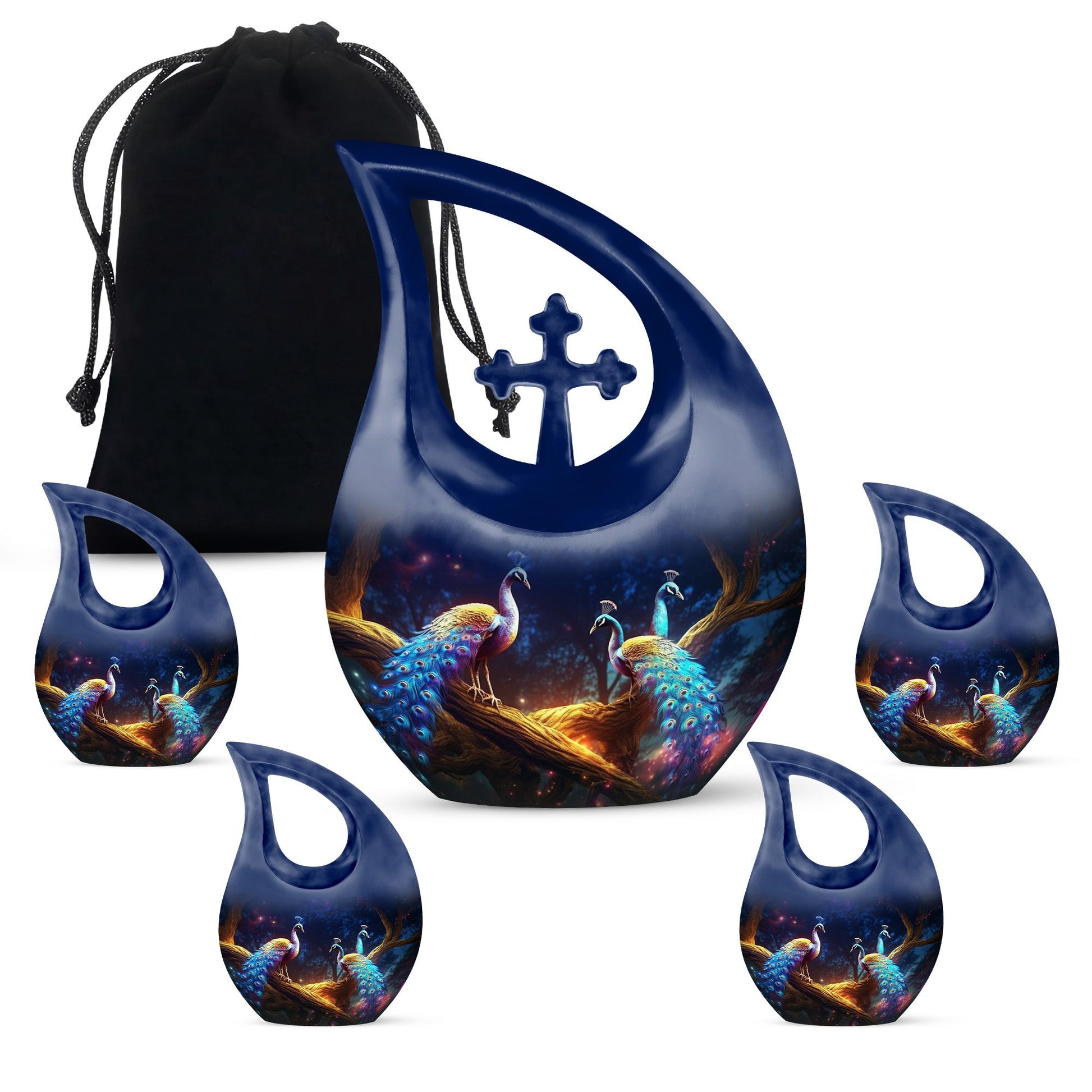 Teardrop Shape Peacock Urn Large Urn With 4 Keepsake Urn