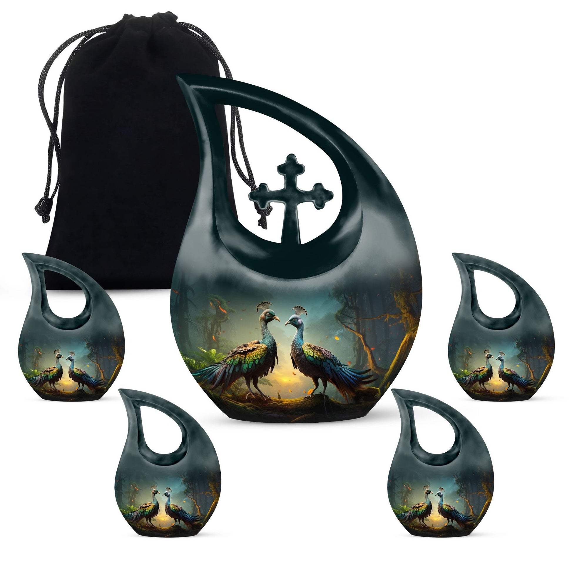 Teardrop Shape Peacock Urn Large Urn With 4 Keepsake Urn