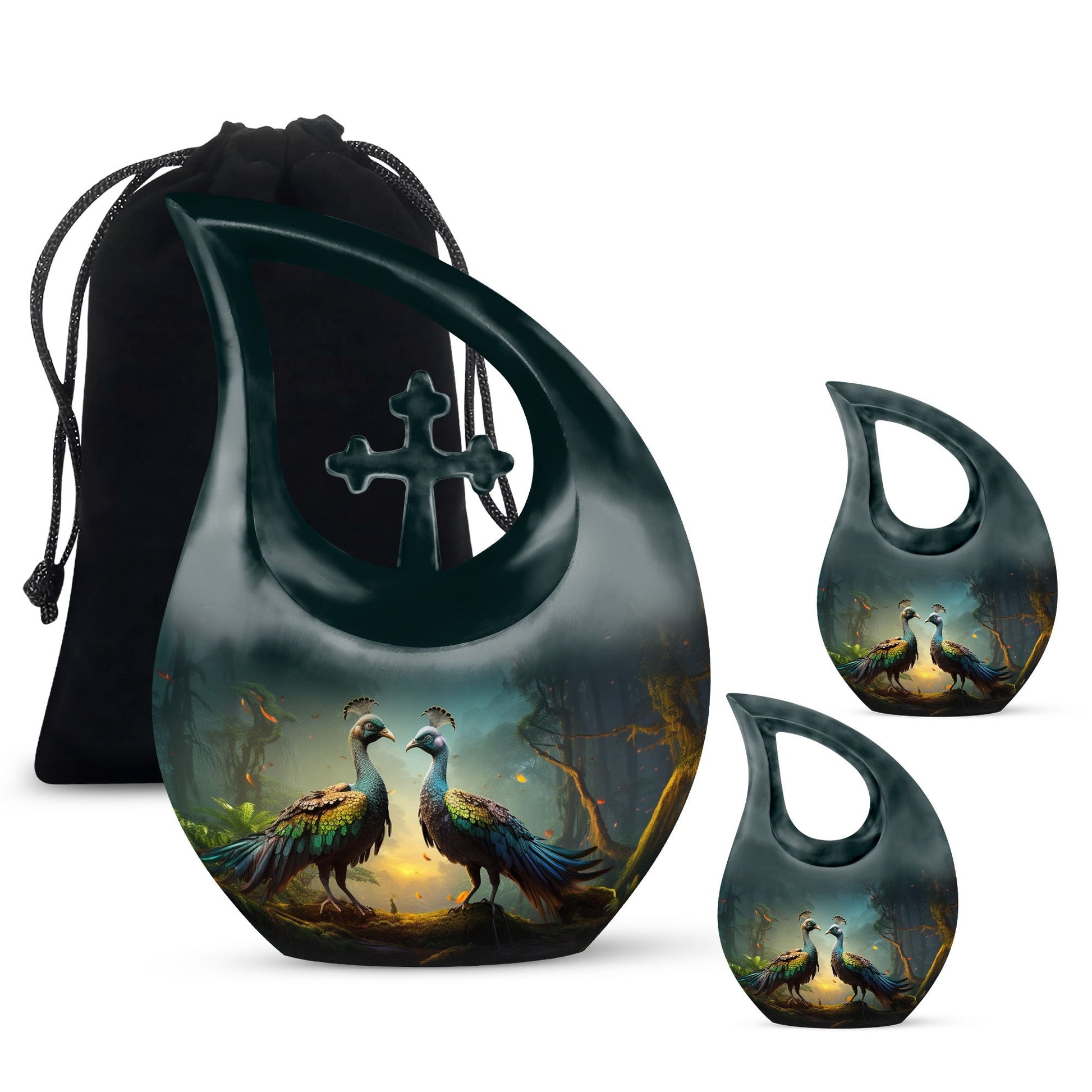 Teardrop Shape Peacock Urn Large Urn With 2 Keepsake Urn