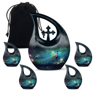 Teardrop Shape Peacock Urn Large Urn With 4 Keepsake Urn