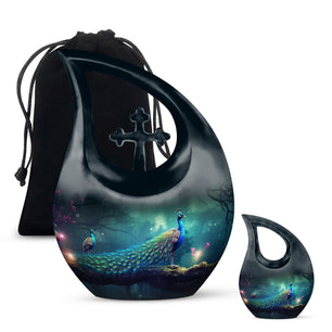 Three Peacock In Right - Peacock Urn Teardrop Cremation Urn