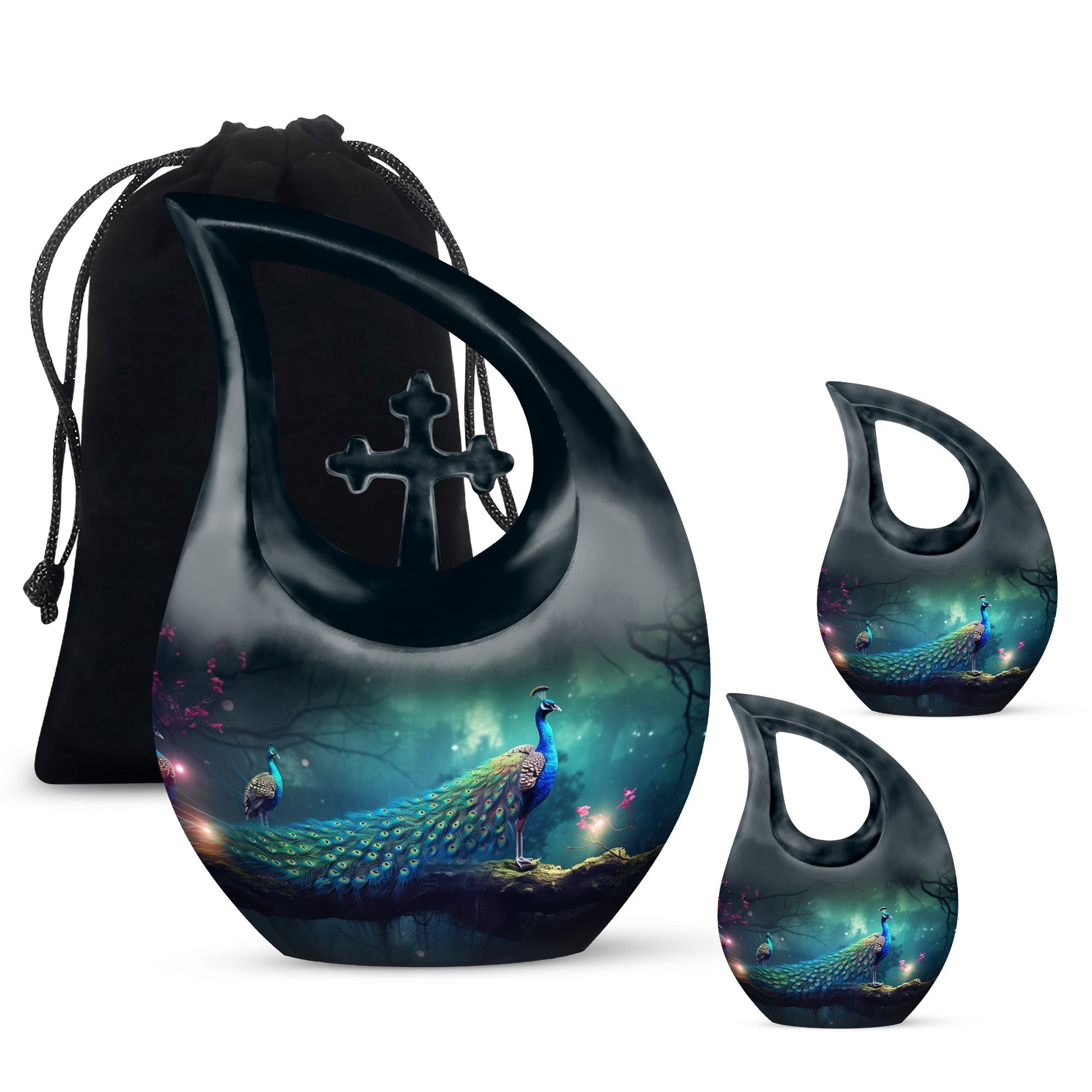 Teardrop Shape Peacock Urn Large Urn With 2 Keepsake Urn