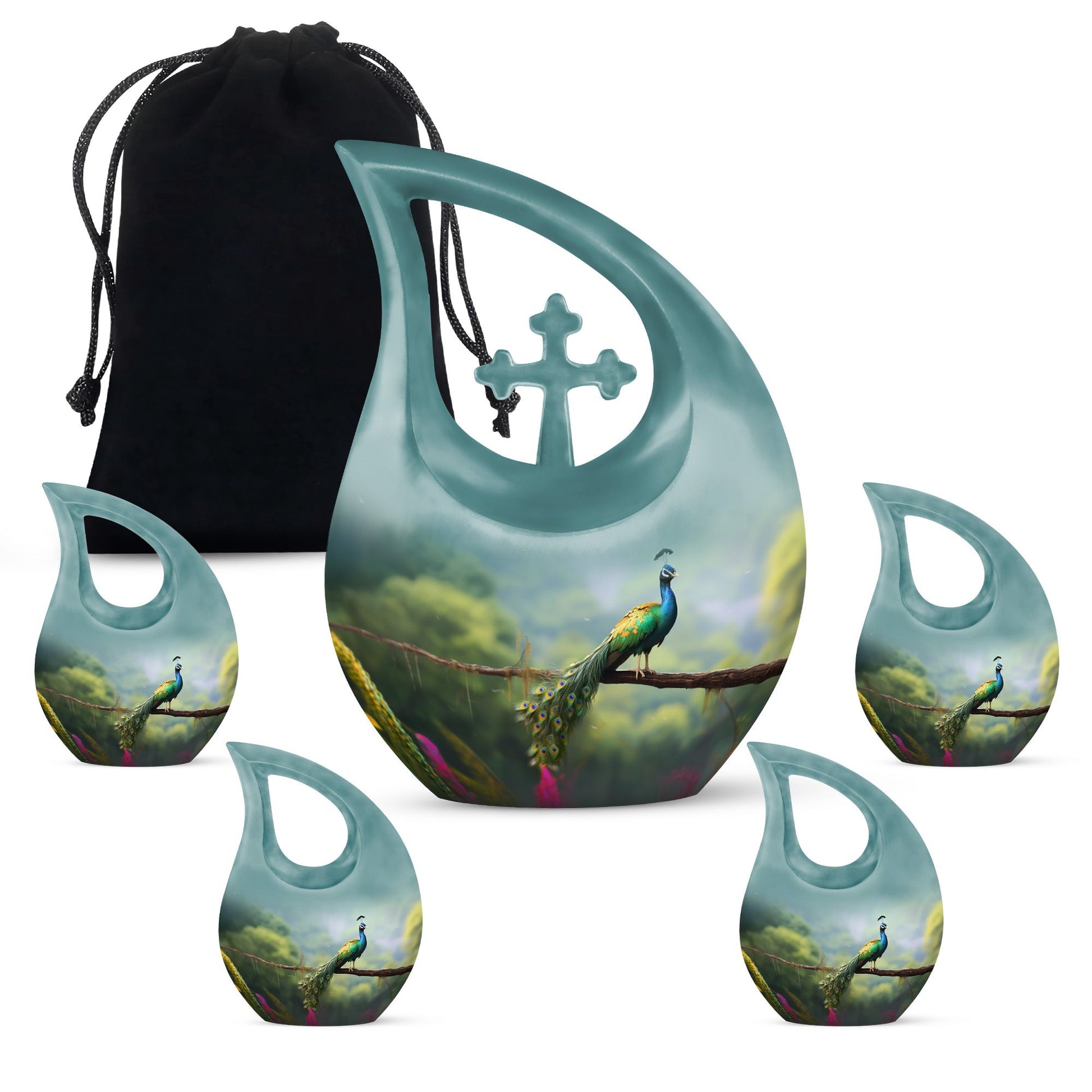 Teardrop Shape Peacock Urn Large Urn With 4 Keepsake Urn