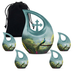 Teardrop Shape Peacock Urn Large Urn With 4 Keepsake Urn