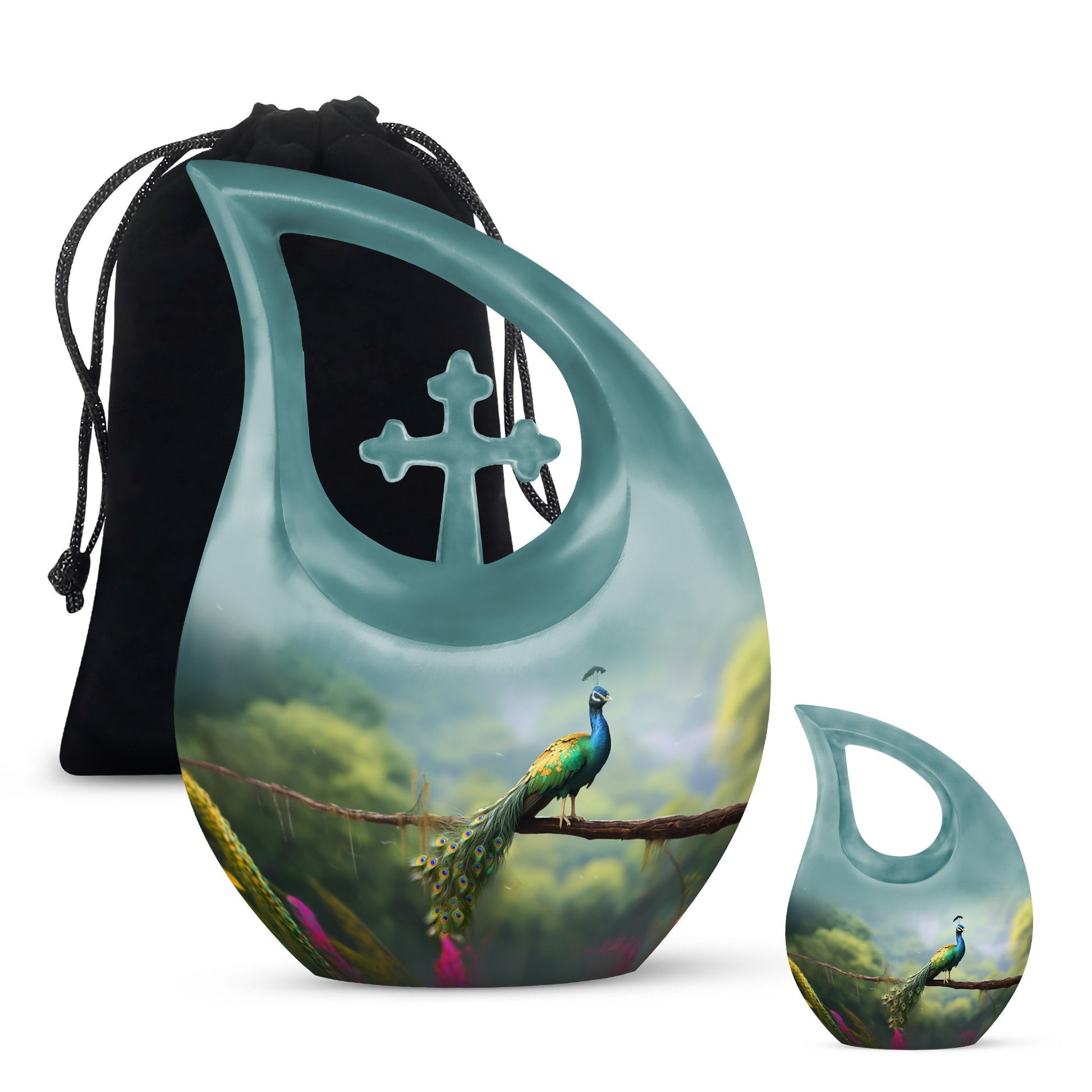 Teardrop Shape Peacock Urn Large Urn With 1 Keepsake Urn