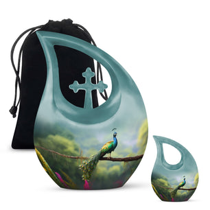 Peacock Sitting On A Branch - Peacock Urn Teardrop Cremation Urn
