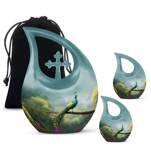 Peacock Sitting On A Branch - Peacock Urn Teardrop Cremation Urn