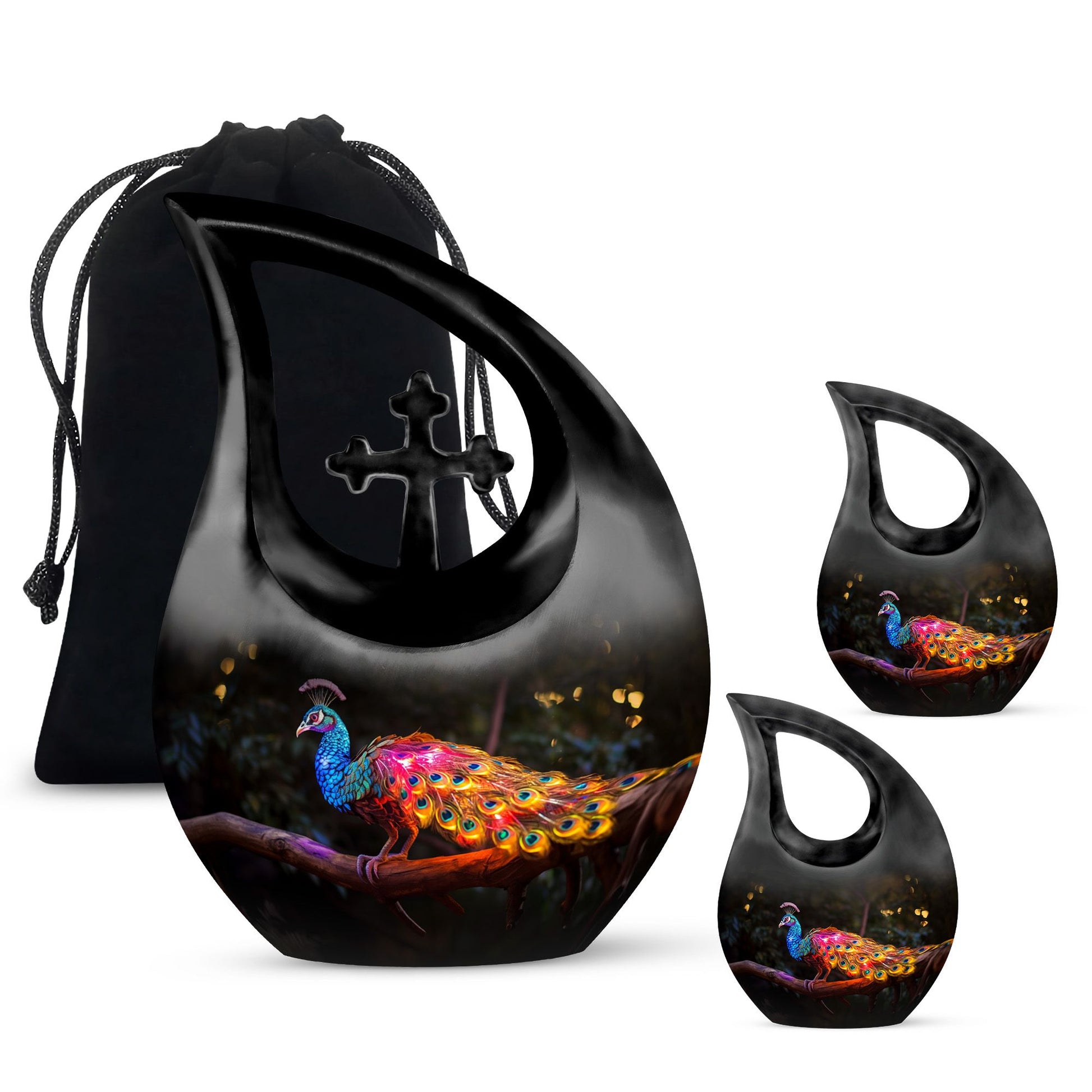 Teardrop Shape Peacock Urn Large Urn With 2 Keepsake Urn