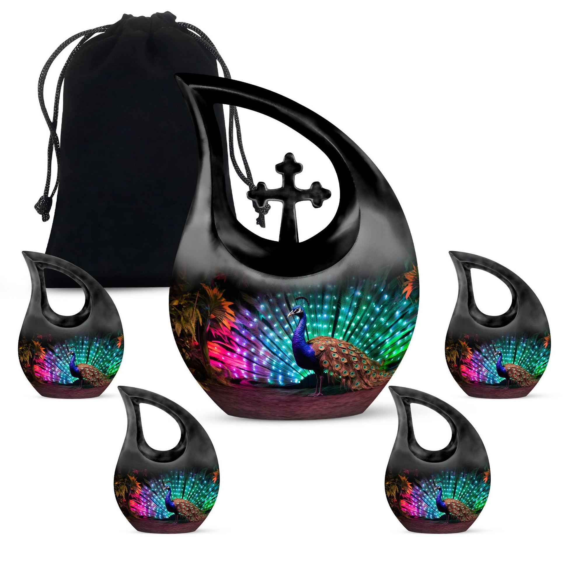 Teardrop Shape Peacock Urn Large Urn With 4 Keepsake Urn