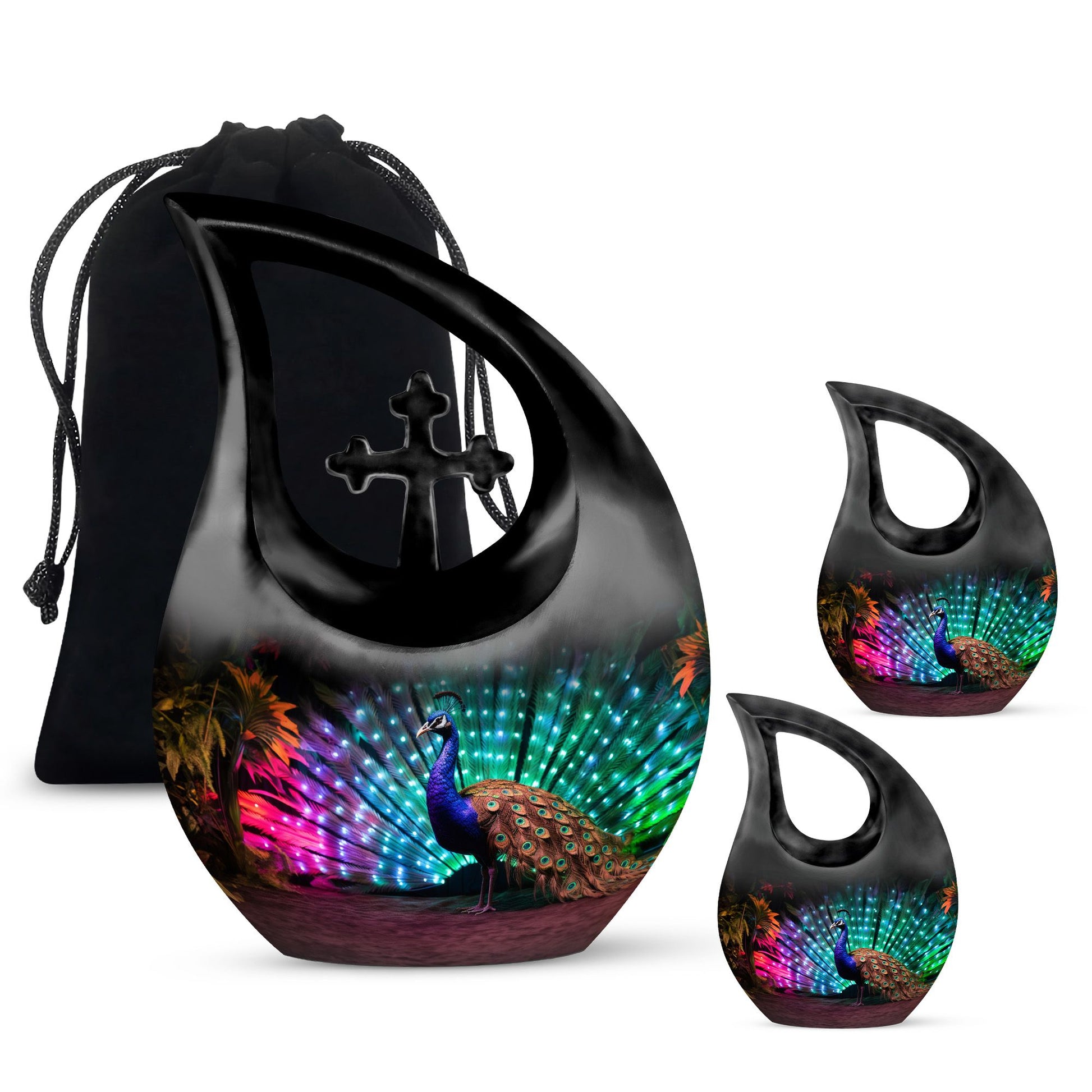 Teardrop Shape Peacock Urn Large Urn With 2 Keepsake Urn