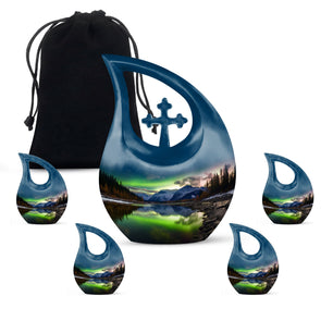 Teardrop Shape Aurora Borealis Urn Large Urn With 4 Keepsake Urn
