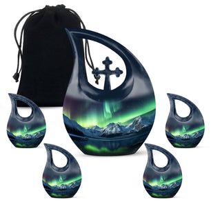Teardrop Shape Aurora Borealis Urn Large Urn With 4 Keepsake Urn