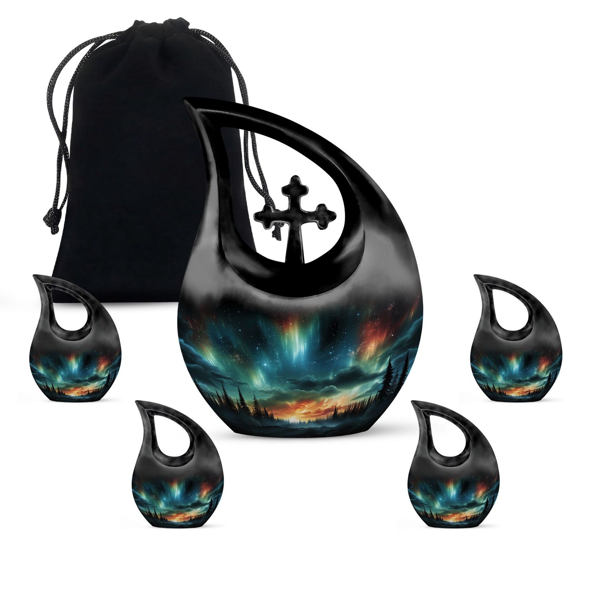 The Forest's Luminous Veil - Northern Lights Teardrop, Heart Shape Urn