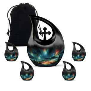 The Forest's Luminous Veil - Northern Lights Teardrop, Heart Shape Urn