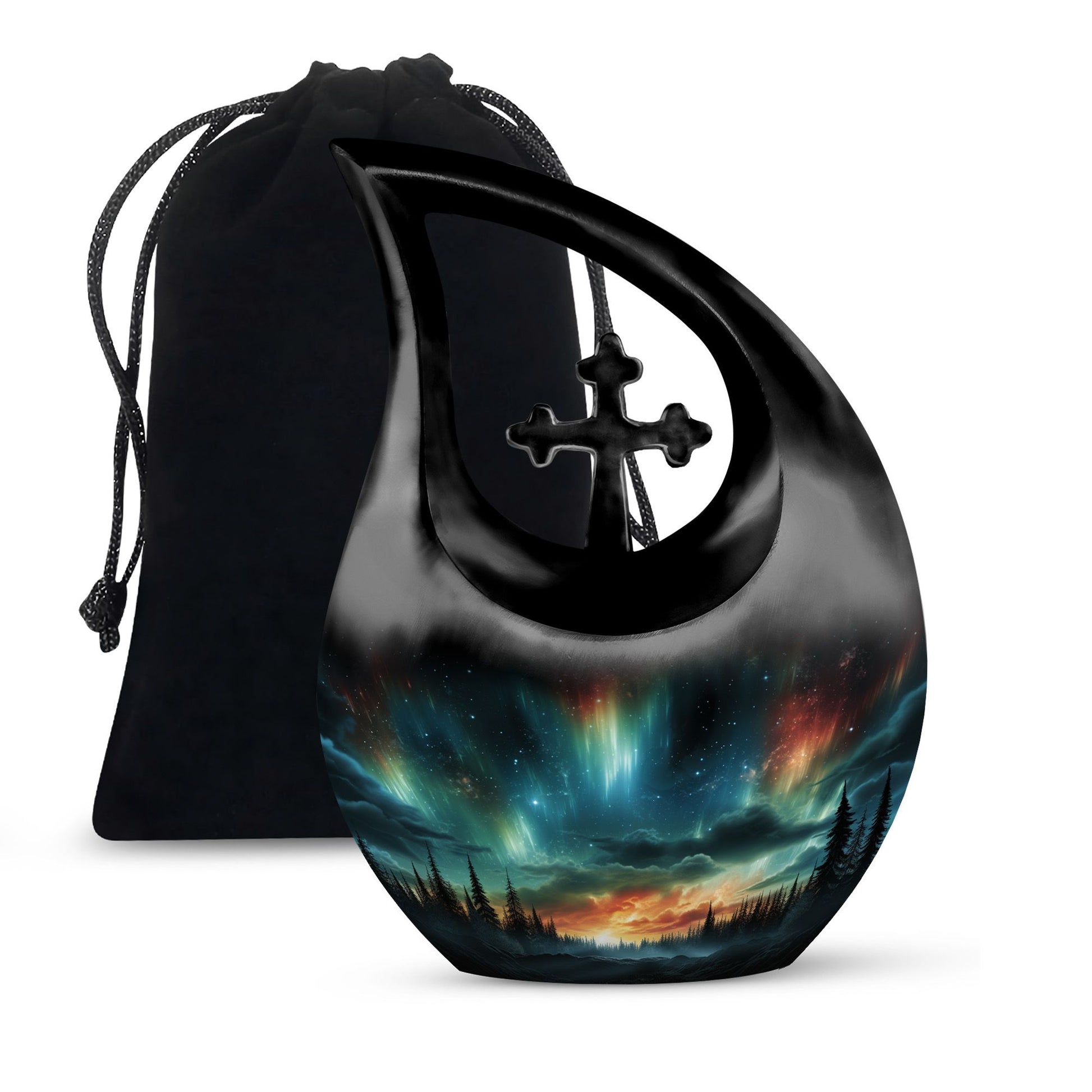 The Forest's Luminous Veil - Northern Lights Teardrop, Heart Shape Urn