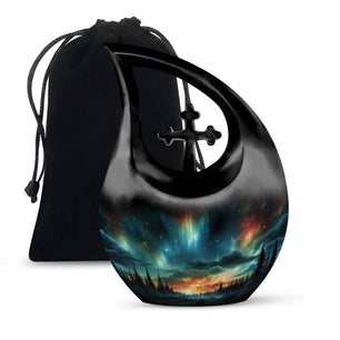 The Forest's Luminous Veil - Northern Lights Teardrop, Heart Shape Urn