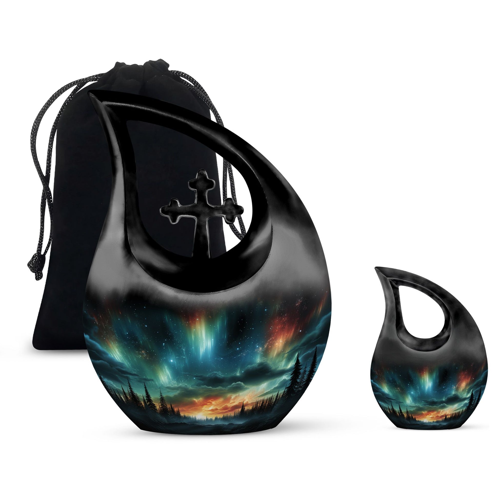 The Forest's Luminous Veil - Northern Lights Teardrop, Heart Shape Urn