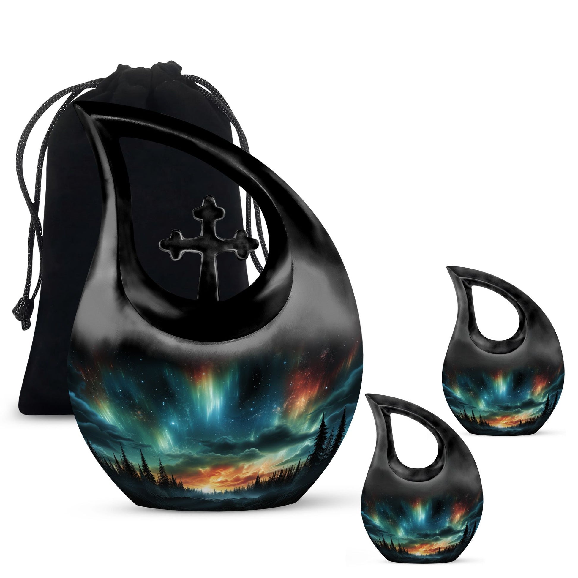 The Forest's Luminous Veil - Northern Lights Teardrop, Heart Shape Urn