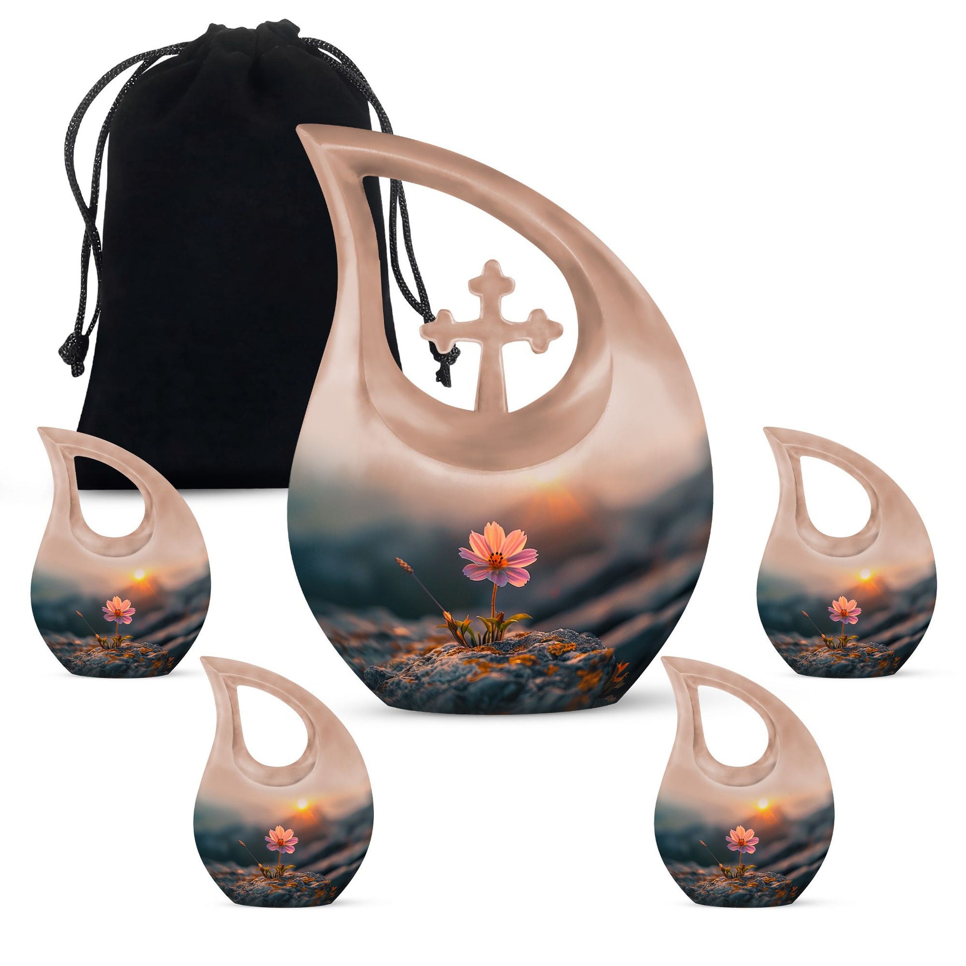 Flower Theme Large Urn With 4 Keepsake Urn