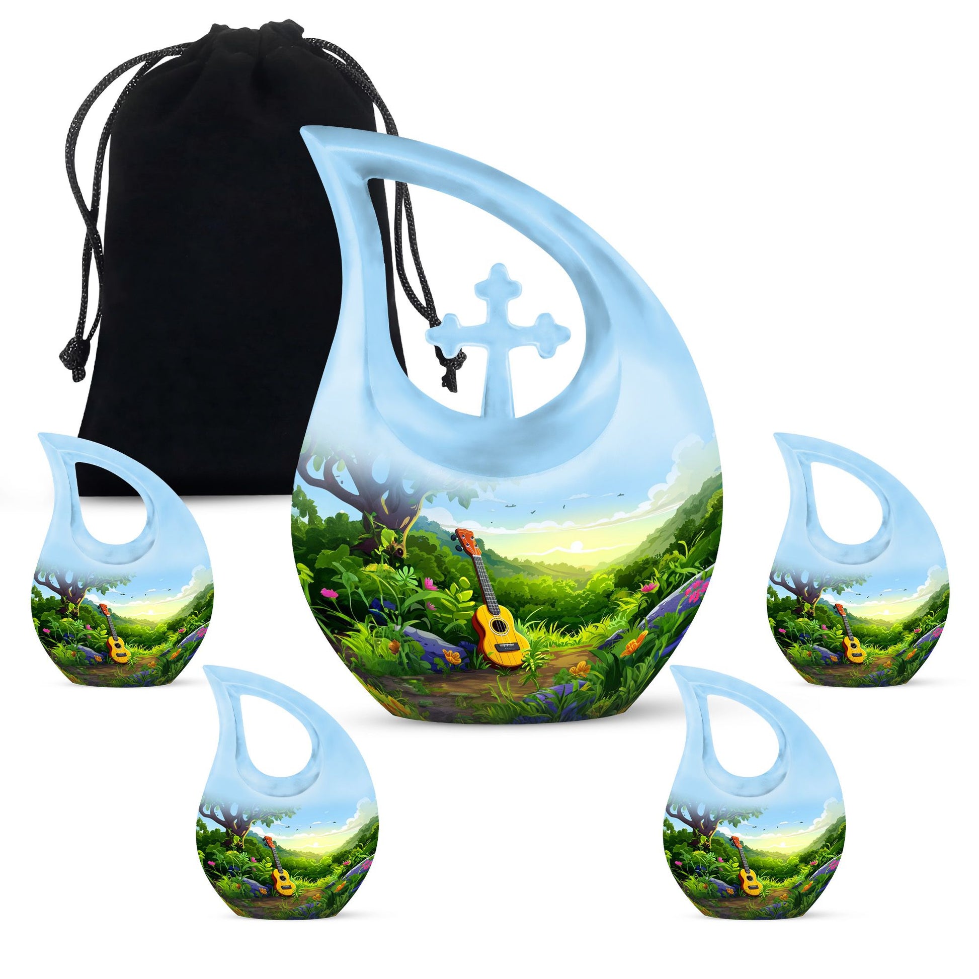 Guitar Theme Large Urn With 4 Keepsake Urn
