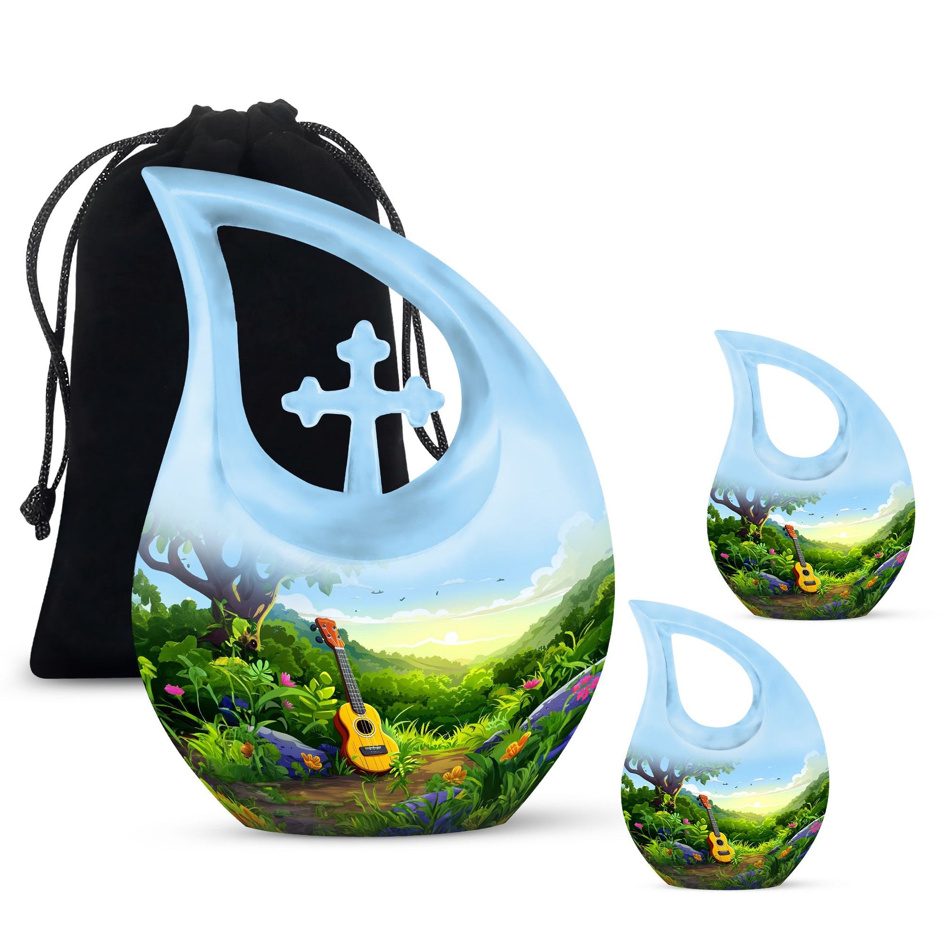 Guitar Theme Large Urn With 2 Keepsake Urn