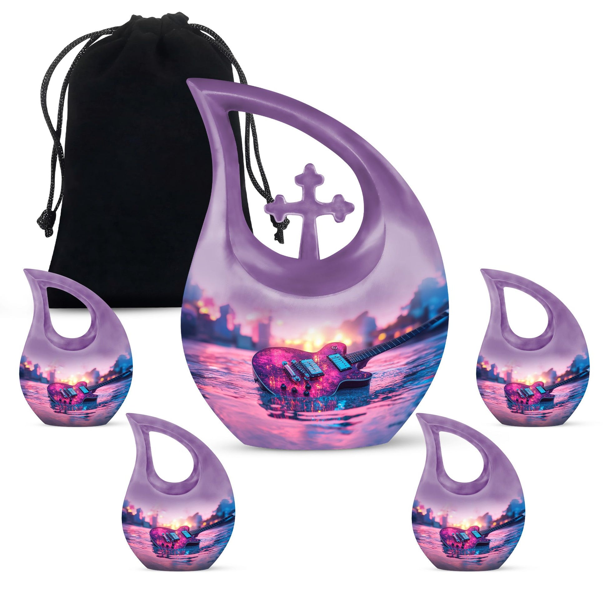 Guitar Theme Large Urn With 4 Keepsake Urn