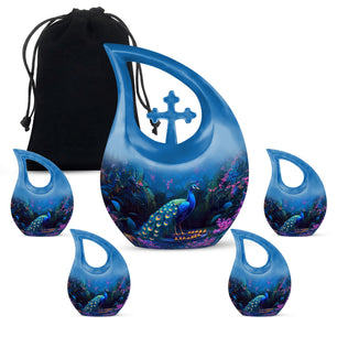 Peacock Theme Large Urn With 4 Keepsake Urn