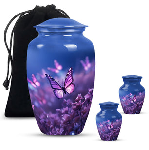 Purple Butterflies Fly On Purple Meadow Large Teardrop Urn For Ashes