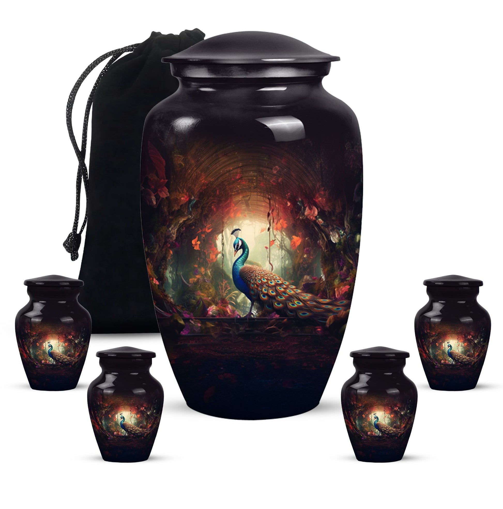 Peacock In A Red Forest - Peacock Urn Teardrop Cremation Urn