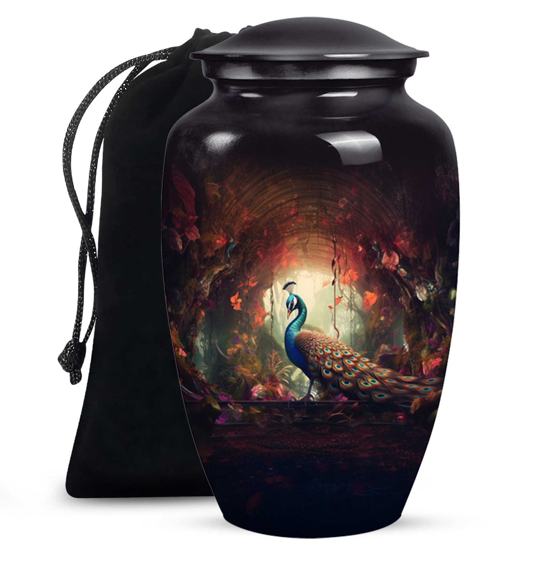 Peacock In A Red Forest - Peacock Urn Teardrop Cremation Urn
