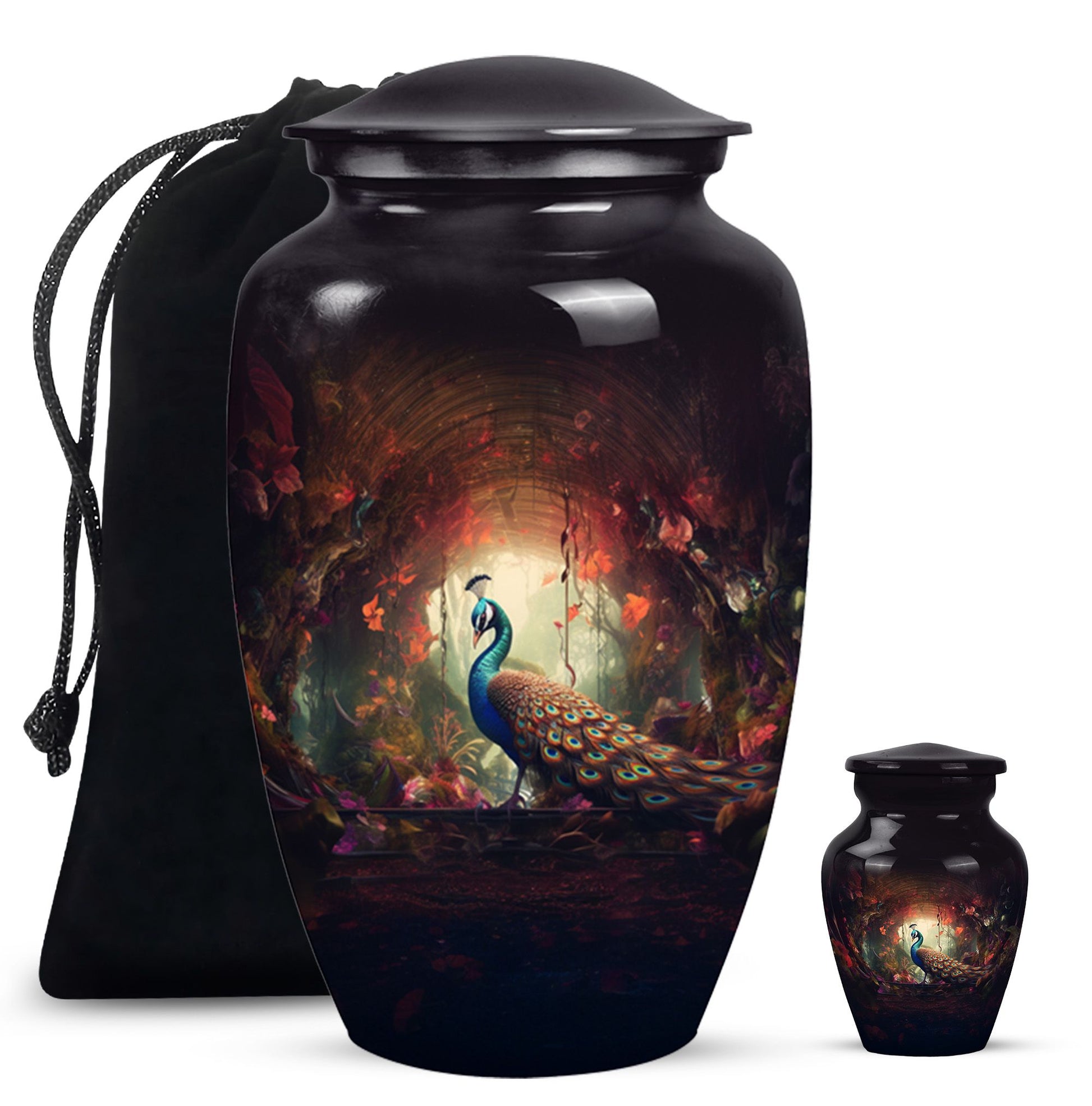 Peacock In A Red Forest - Peacock Urn Teardrop Cremation Urn