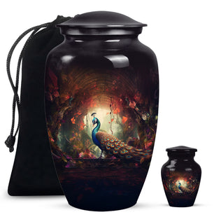 Peacock In A Red Forest - Peacock Urn Teardrop Cremation Urn